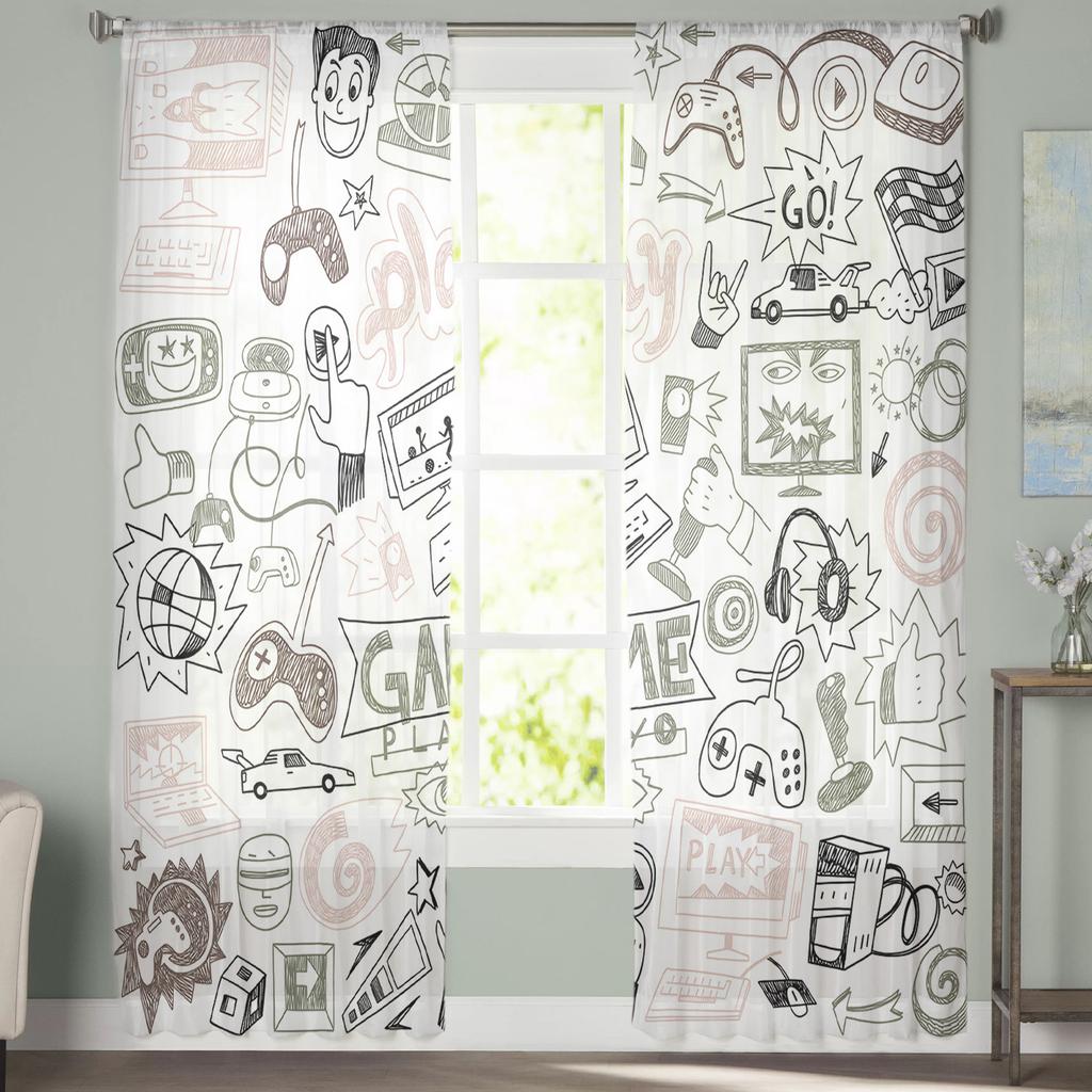 Gamepad Computer Keyboard Tulle Curtains For Living Room Voile Sheer Window Curtain For Bedroom Chiffon Curtains For Kitchen