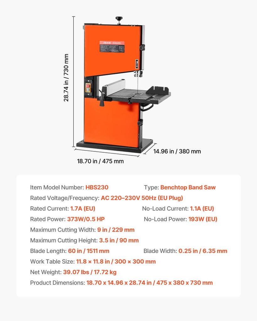 Band Saw, 229 mm, Woodworking Benchtop Bandsaw with 373W 1/2 HP Motor, 90 mm Max Cutting Height, 300 x 300 mm Cast Aluminum Table, 0-45° Tilting