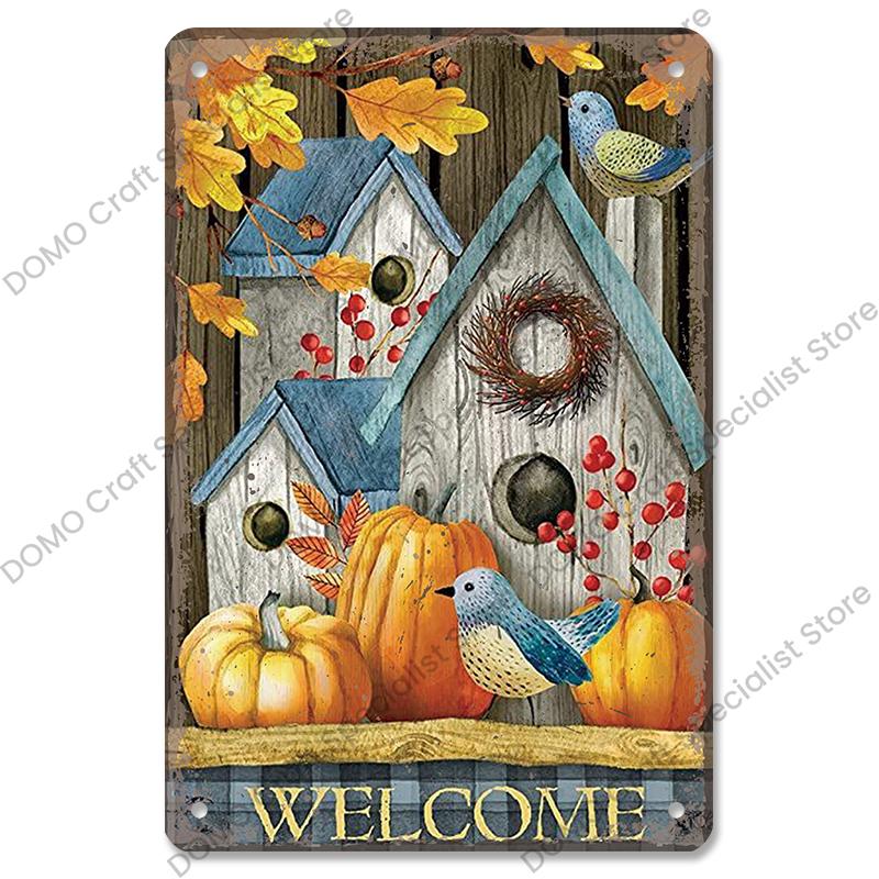 Welcome Poster Metal Plate Vintage Pumpkin Sunflower Bird Metal Tin Signs Wall Decor Garden Door Cafe Party