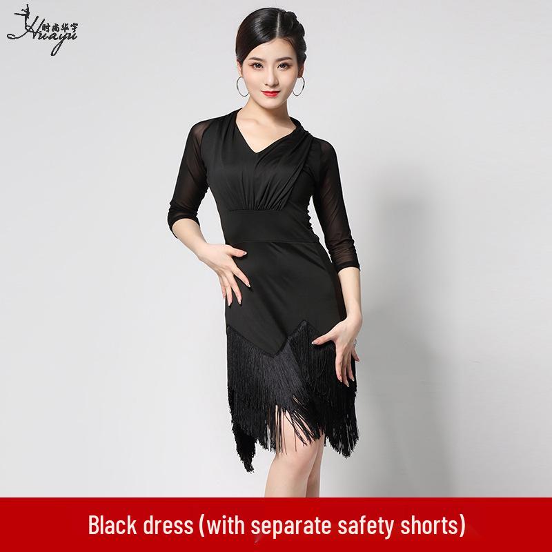 Huayu Dance Latin Mesh Pearl Tassel Ballroom Costume