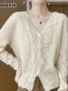 Youthful Trendy Open-Front Cardigan Women V-Neck Top Lace Trim Knit Sweater Coat Autumn Korean Style