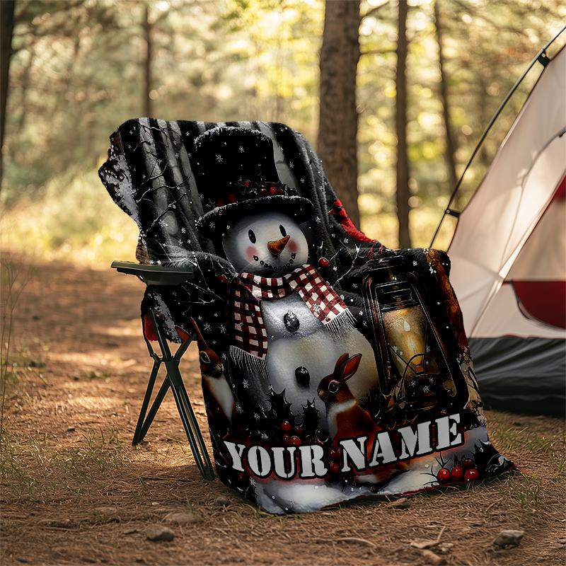 1PC Custom Name Winter Snowman Lantern Scene outdooor Flannel blankets Throw Blanket All-Season Throw Gift Bedspread for Couch, Bed, Camping Holiday B