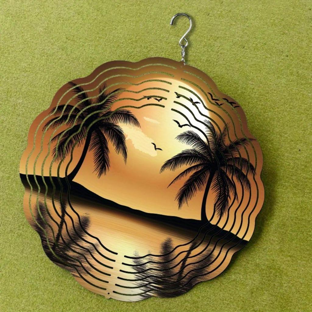 Double Coconut Tree Sunset Reflection Wind Chime with 360 Hook Metal Garden Decor for Outdoor Balcony Lawn Spring Summer Fall Winter