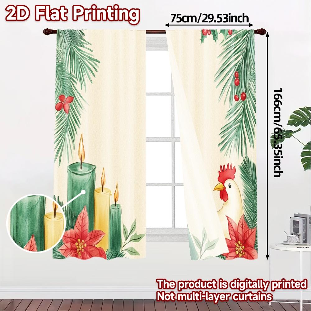 Set Of 2 Curtains Christmas Candle Poinsettia Penguin Pine Creative Chic Polyester Versatile All Bedroom Curtain For Sleeping Area Made