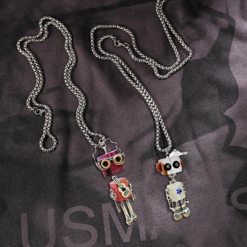 Wood Block Robot Pendant Necklace Adjustable Length Punk Neckchain Stylish Leather Cord Accessory Fade Resistant Chokers