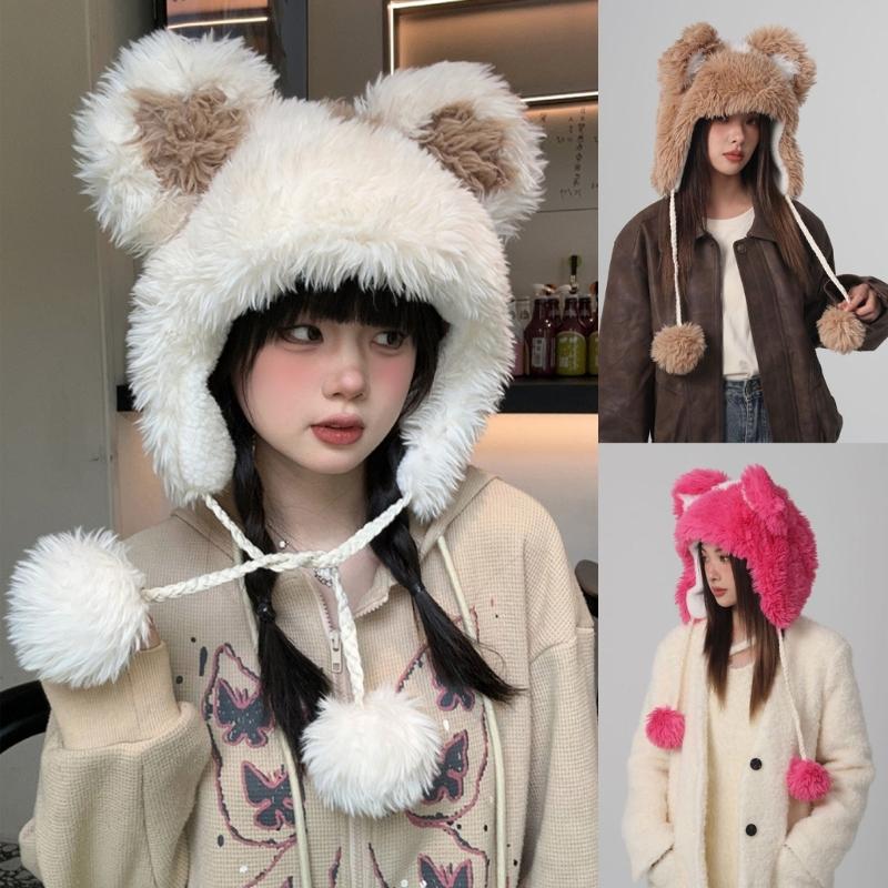 Girls Bear Hat Y2K Furry Ears Hat Furry Bear Gifts Warm Winter Hat Adult Children Furry Ears Winter Photo Props