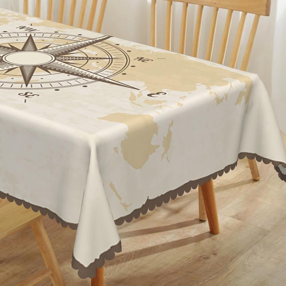 Retro Compass Old World Map Nautical Tablecloth Table Decor Washable Wrinkle Kitchen Dining Tablecloth Holiday Party Decor