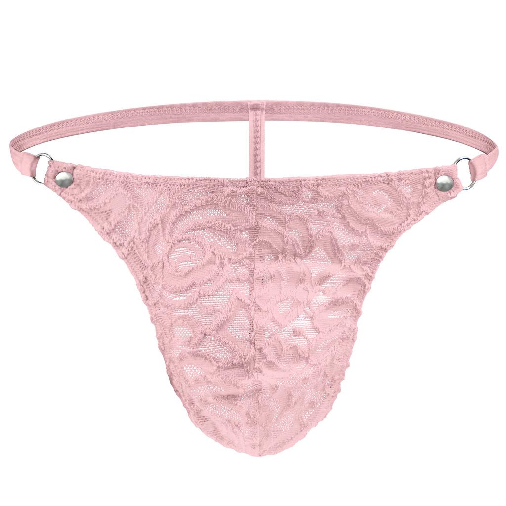 Men Lace Floral G-String Thong See Through T-Back Panties Breathable Mesh Sissy Lingerie With Metal Circular Waistband Underpant