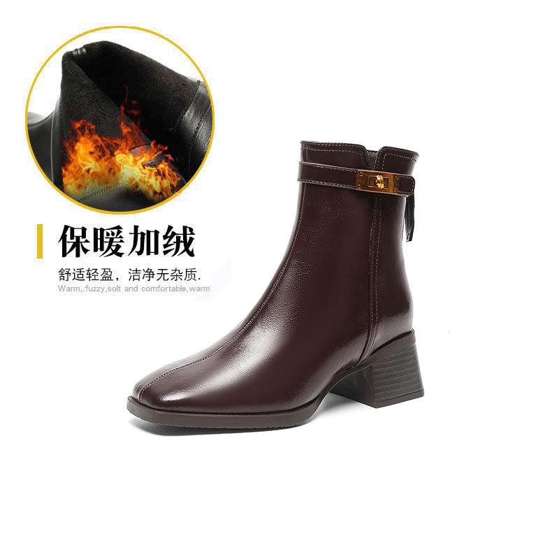 

Coarse heel new short boots women s autumn and winter mid-boots square head thin fashion boots brown small short boots that are popular this year 40