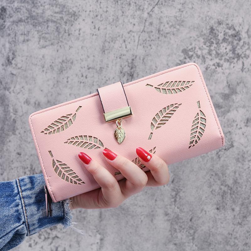 2020 Korean Women's Long Clutch with Hollow Leaf Design and Zipper Buckle