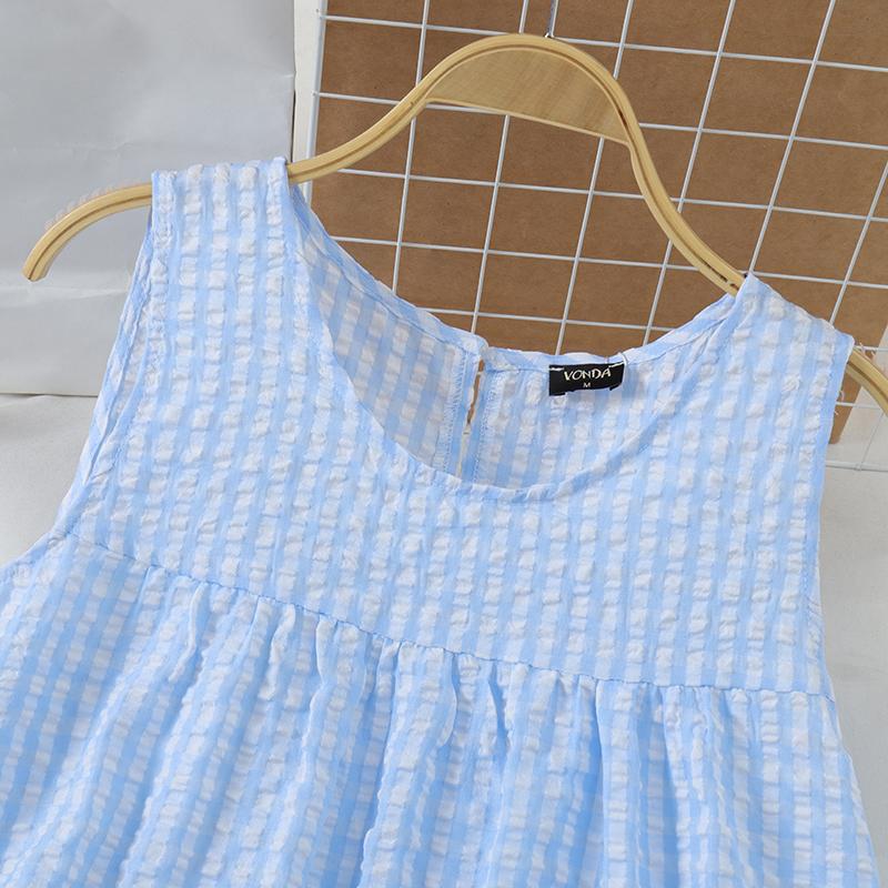 VONDA Summer Women Sleeveless Plaid Print Ruffled Tank Tops T-shirts