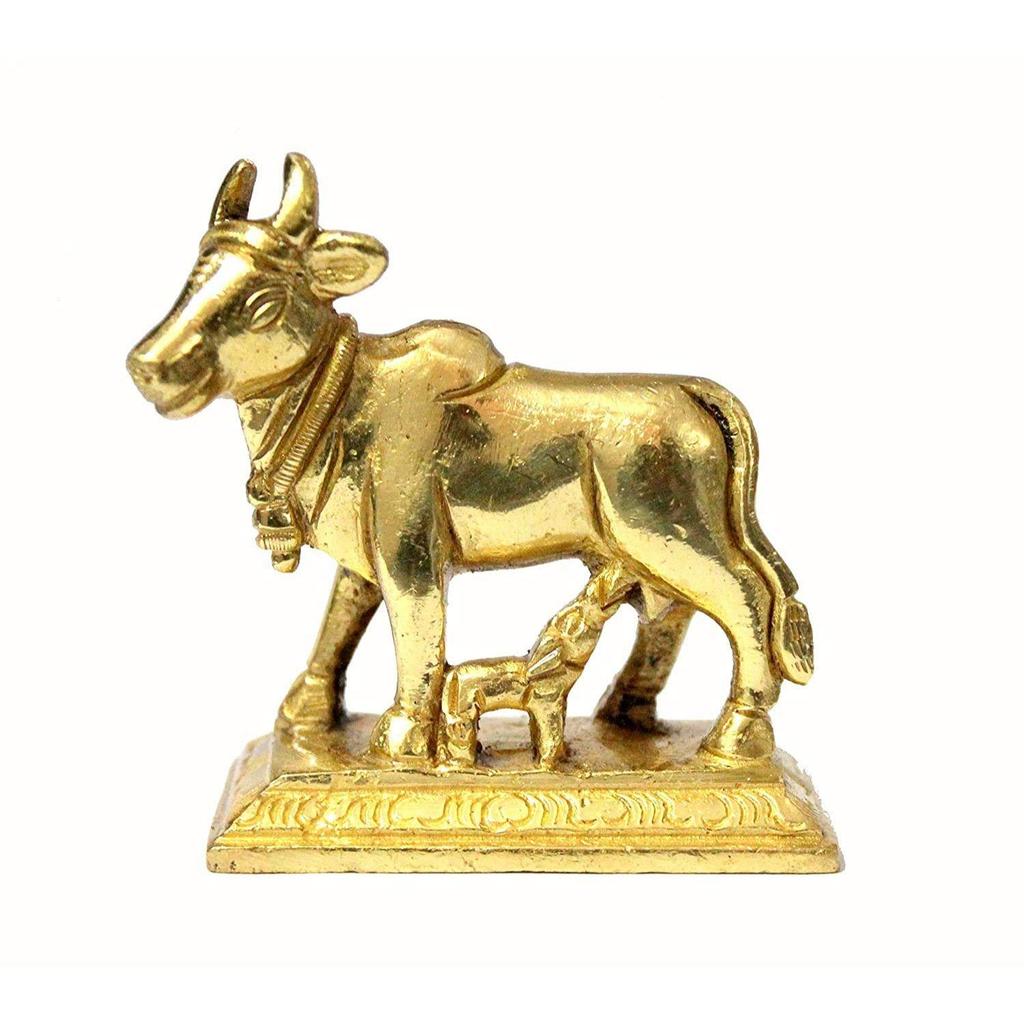Heilige Kamdhenu-Kamadhenu-Kuh-und-Kalb-Skulptur aus Messing – Glücksfigur, Götzenbild, Statue (3 Zoll)