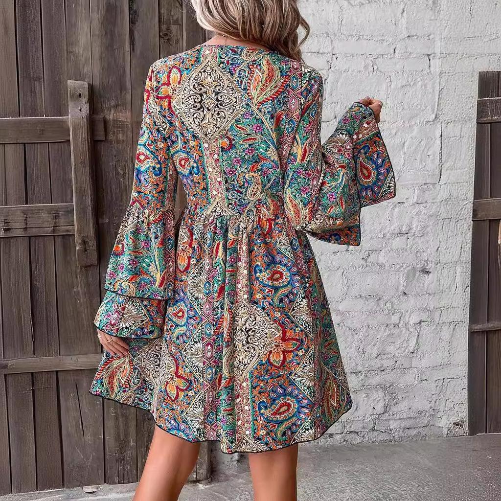 Abito Elegante Floreale da Donna a Manica a Campana con Scollo a V Stile Maturo Patchwork Retrò Francese Slim Sexy Elegante Abito Lungo da Donna