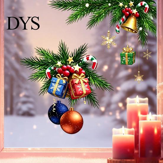 Holiday Balcony Glass Art Christmas Window Clings, Xmas Ball Gift Box Decals with Pine Branch, Clings Bell, Snowflake, Reusable Static PVC Sticker for