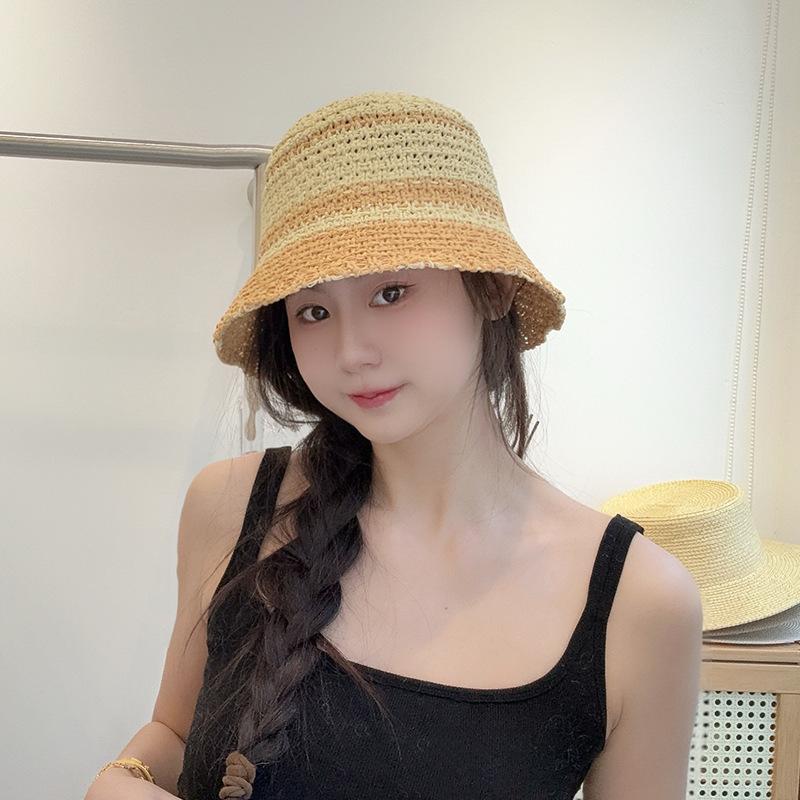 Contrasting Color Hollow Straw Hat Summer Sweet Knitted Breathable Basin Hat Outdoor Travel Versatile Face Covering Sun Hat