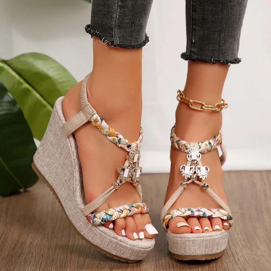 Metal Decor Wedge Sandals for Women Summer 2026 Braided Band Platform Gladiator Sandals Woman Thick Bottom Beach Sandalias Mujer