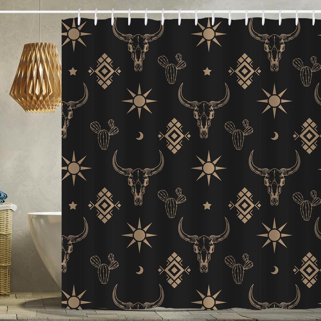 Western Aztec Shower Curtain Boho Aesthetic Abstract Geometric Cactus Longhorn Skullhead Floral Plant Bathroom Decor with Hooks