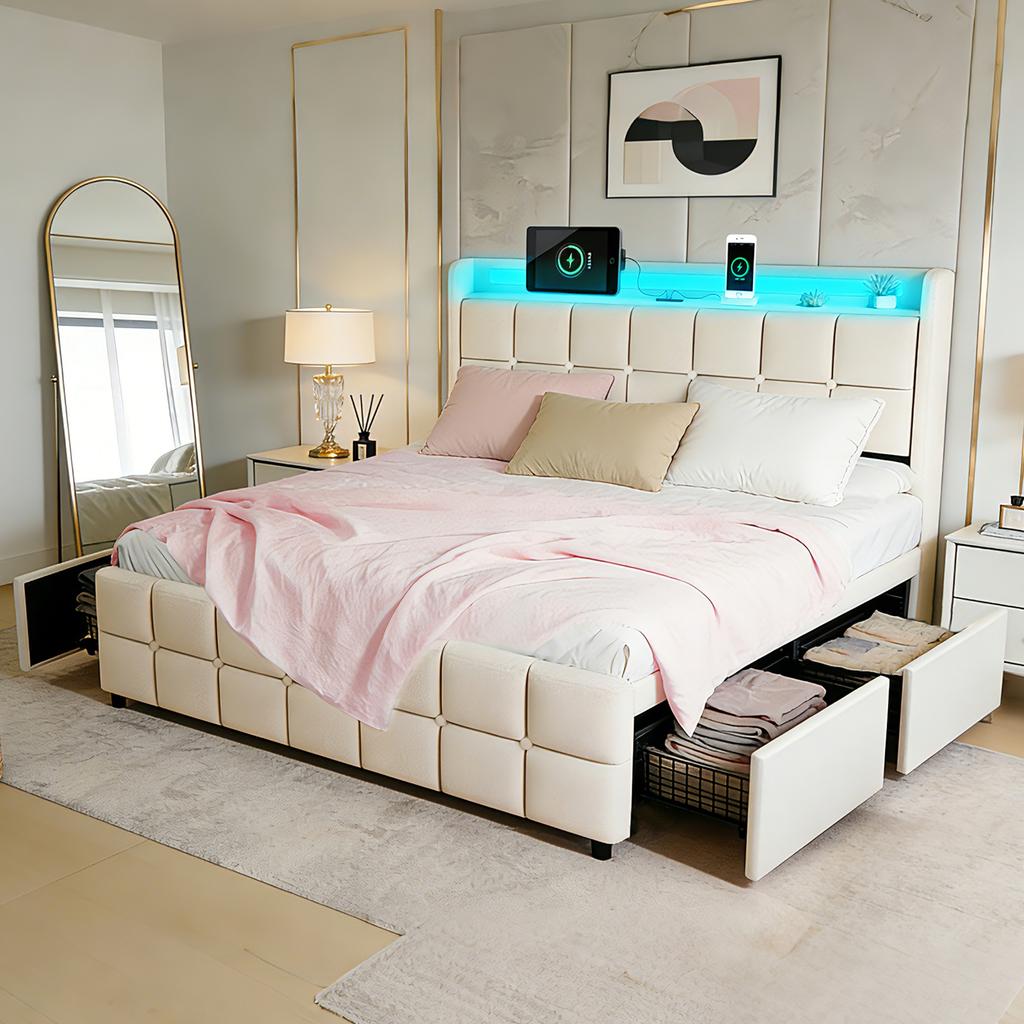 Bed Frame Color-Changing LED Light Strip, Built-In Charging Station, 4 Storage Drawers, Wooden Slats,Linen Frbric,Beige