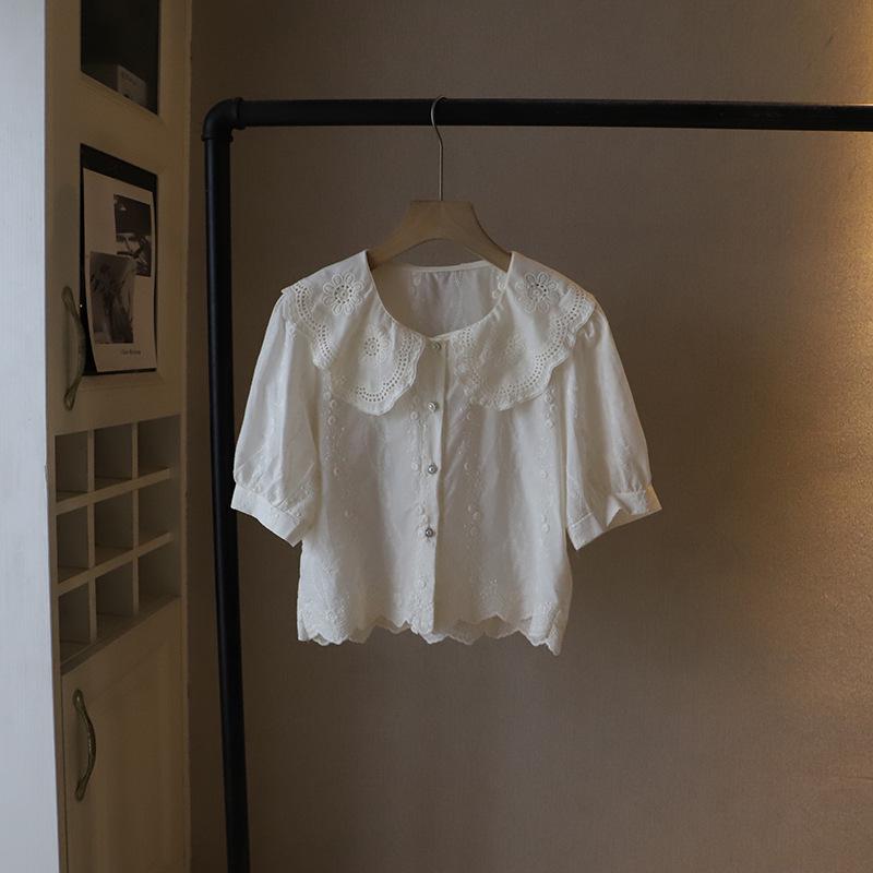2025 Summer Korean Style Peter Pan Collar Jacquard Puff Sleeve Women's Shirt
