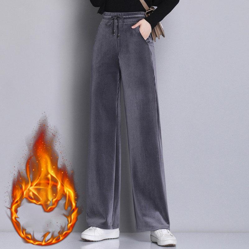 Plus Size Women's Spring Autumn Winter Solid Colour Casual Sweatpants Loose Elastic Waist Corduroy Padded Wide Leg Straight Pants