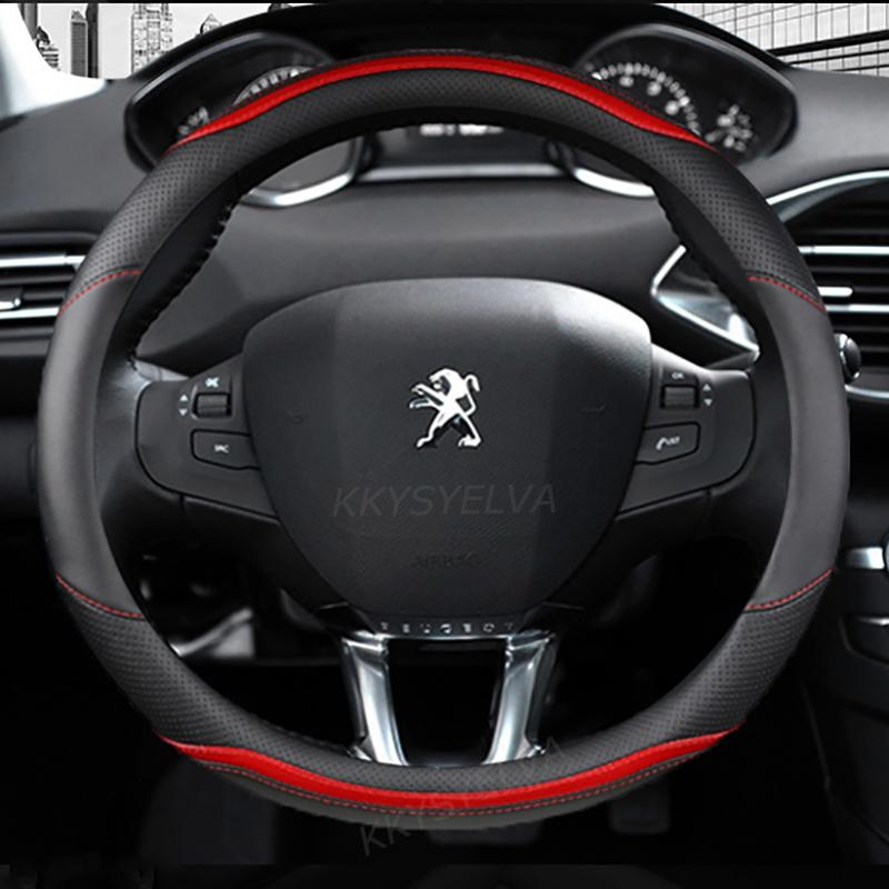 Protector para volante de coche de fibra de carbono + cuero para Peugeot 208 2012 ~ 2018 Peugeot 308 2014 ~ 2008 2013 ~ 2018 accesorios para automóviles