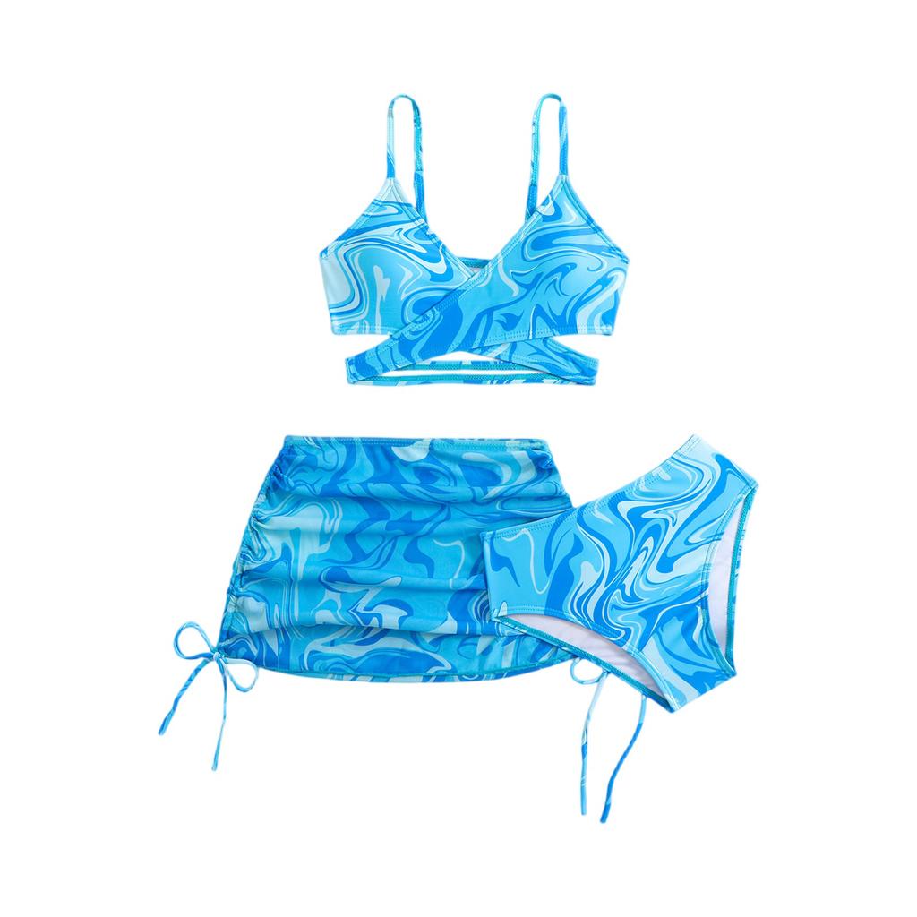 Piger To-delt Badedragt Sæt Tre-delt Tankini Bikini med Justerbare Stropper og Skørt Cover-up til Sommer Strand Pool Vandaktiviteter