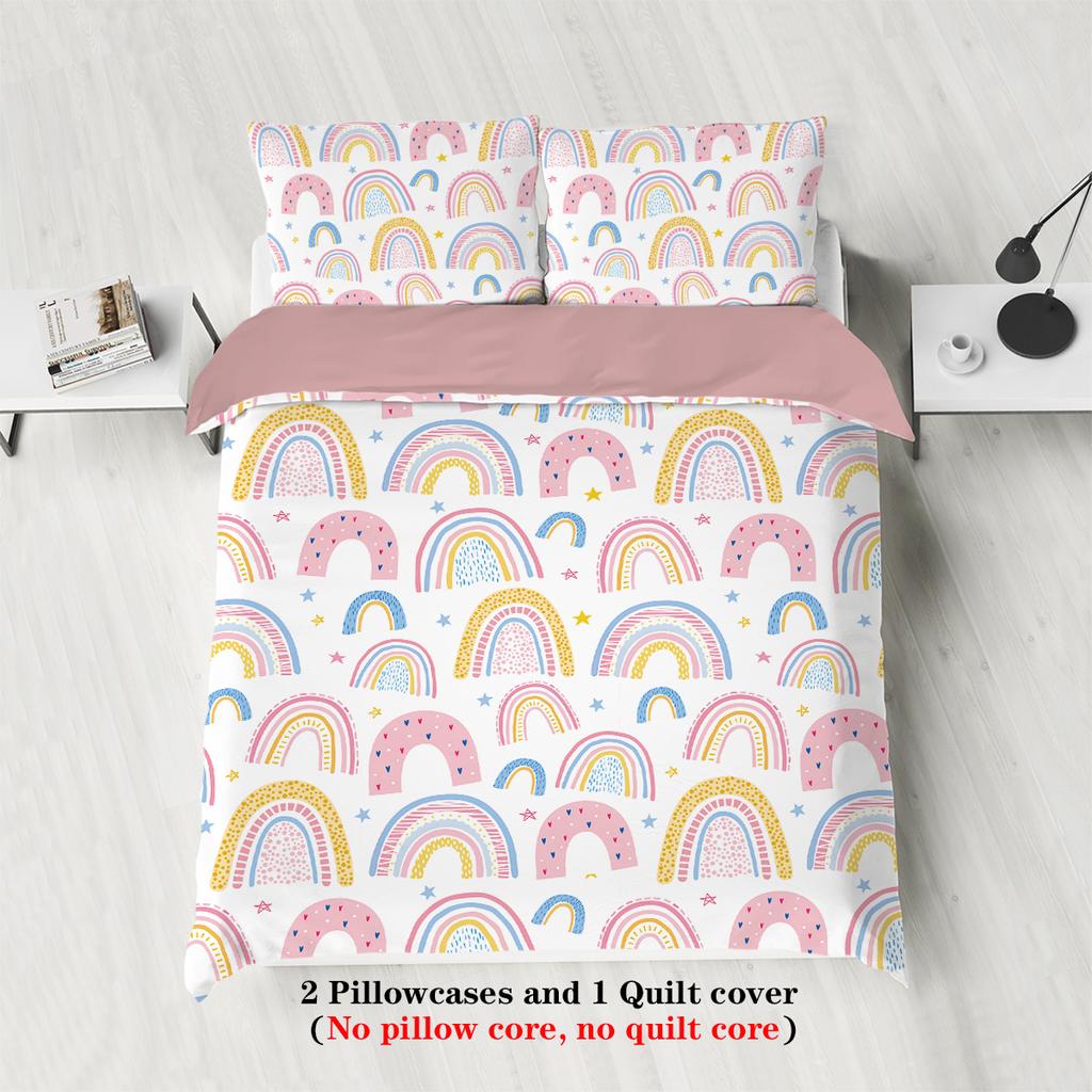 3-piece cartoon pink rainbow pattern print (1 duvet cover+2 pillowcases, no core) soft and comfortable bedding set