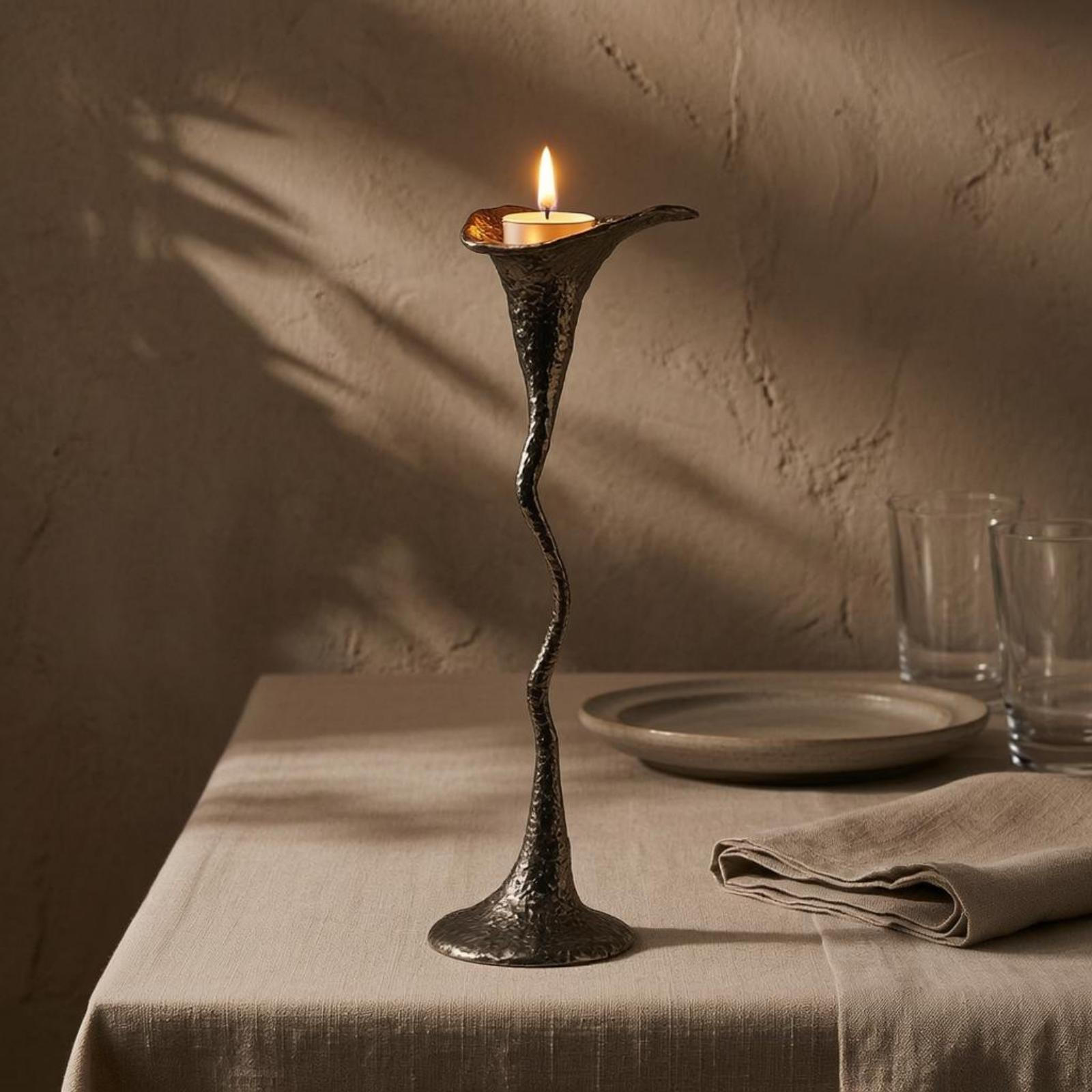 Geometric Metal Candle Holder Modern Spiraled rod Candlestick Sculptural Trumpet for