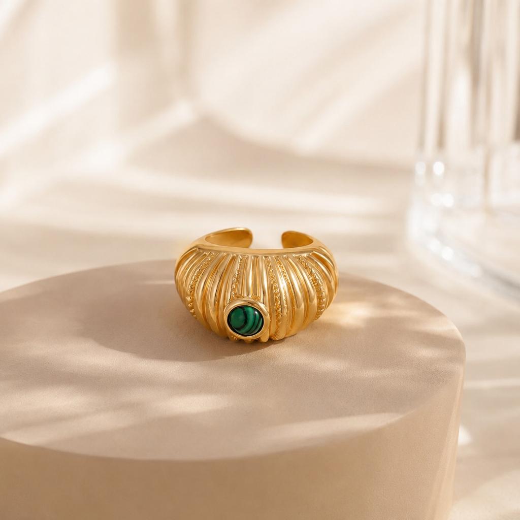 Vintage Green Natural Stone Chunky Wide Open Ring for Women Gold Plated Stainless Steel Fashion Statement Jewelry Gifts