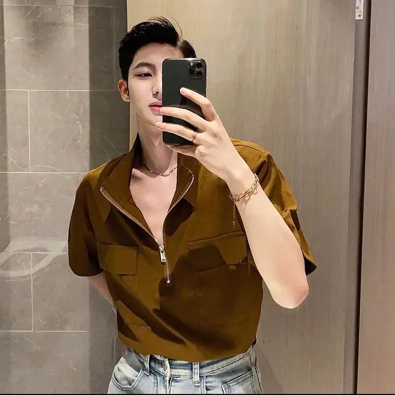 Men s Half-Zip Short Sleeve Shirt Casual Stand Collar Top with Chest Pockets L