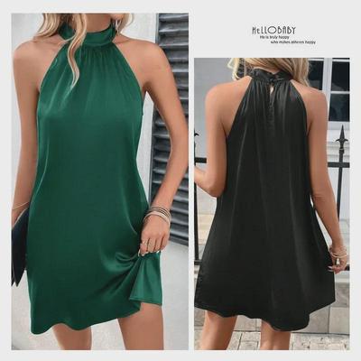Ärmelloses Neckholder-Kleid aus Satin in mittlerer Länge – Europäische und amerikanische Damenmode