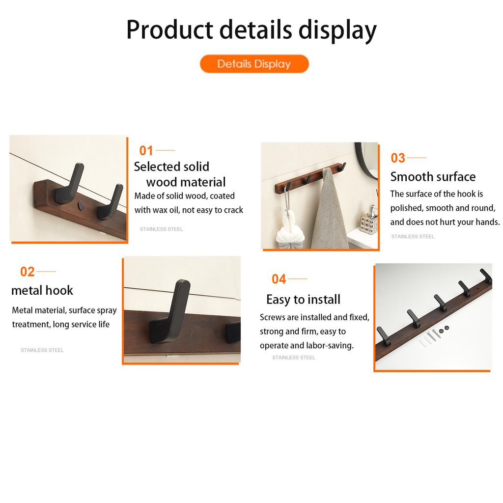 Coat Rack Wall Mount Shelf Entryway Wall Hanger for Towels Wooden Coat Hooks Hook Storage Rack for Bedroom Bathroom Kitchen