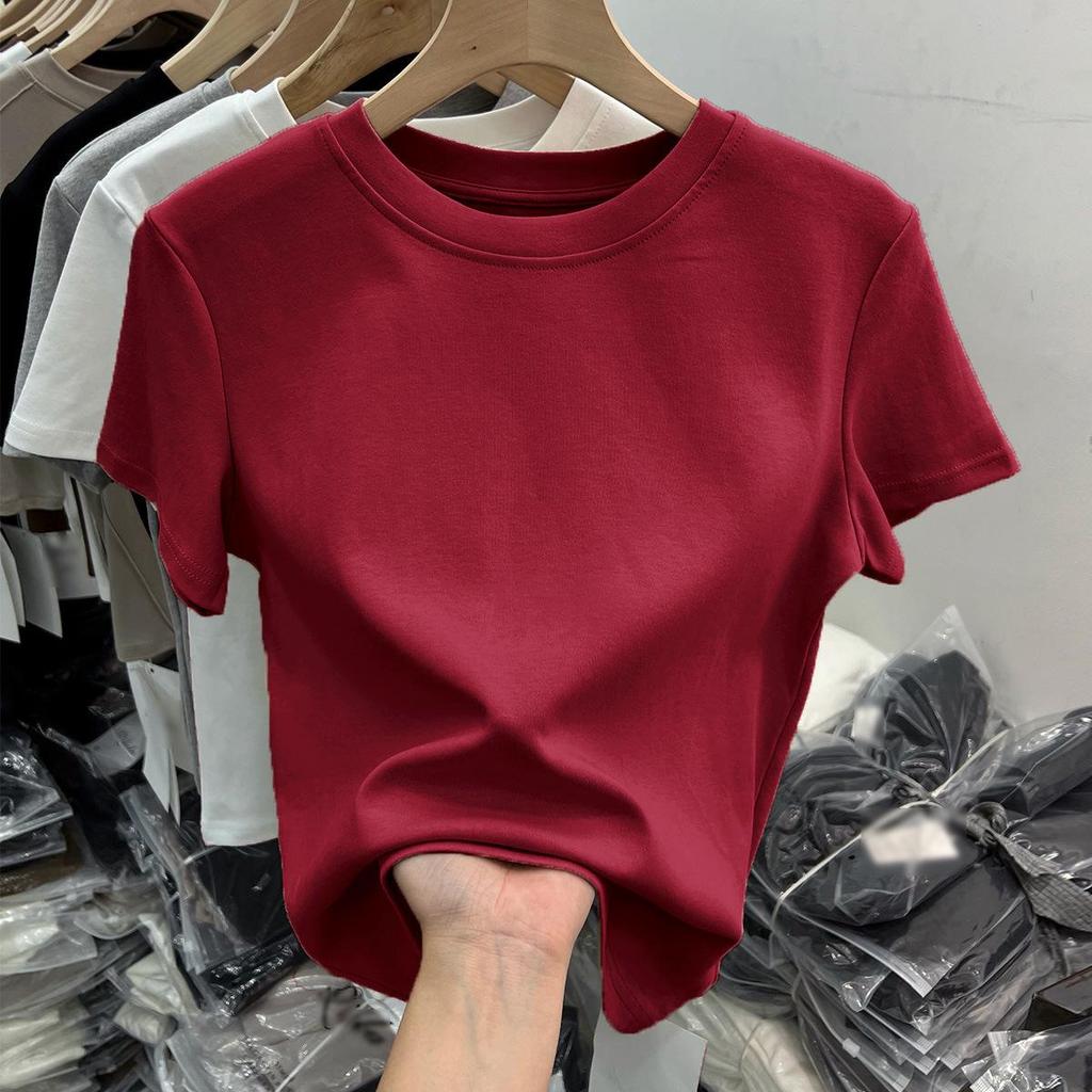 Women's White Cotton Short-Sleeve Ribbed T-shirt - Summer Round Neck, Breathable, Sweat-Absorbent, Slimming Fit