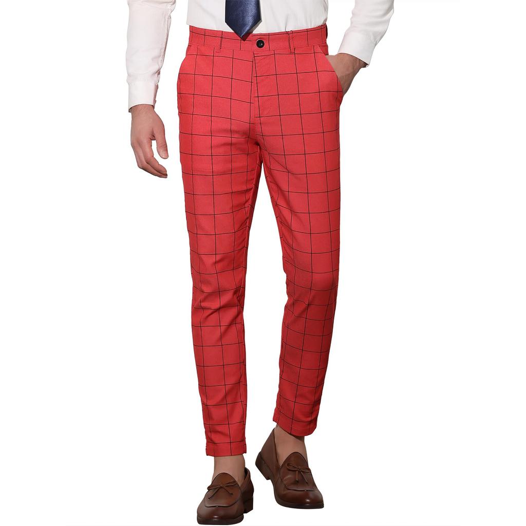 Men's Dress Plaid Slim Fit Flat Front Business Pants With Pockets
