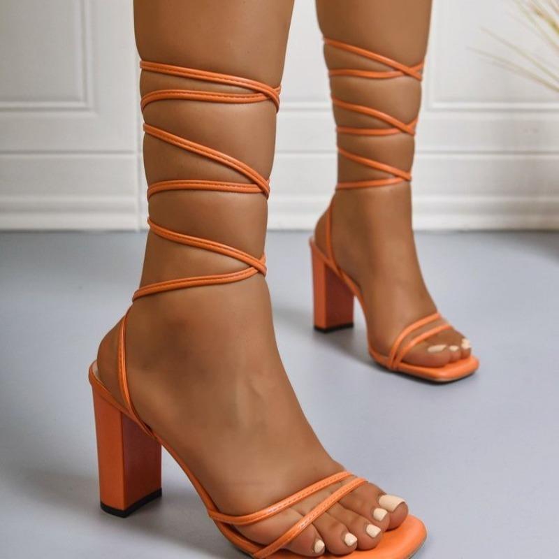 Fashion Cross Thin Strap Block Heel Sandals Women's Fashion Square Toe Open Toe Anti-slip Wear-resistant High Heels
