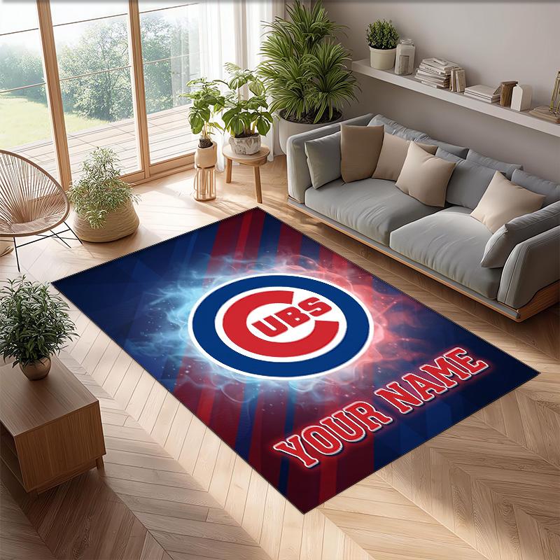 Chicago Cubs Crystal Velvet Rug, Custom Name Text Personalized Non‑Slip Floor Mat for Home Decor Gift