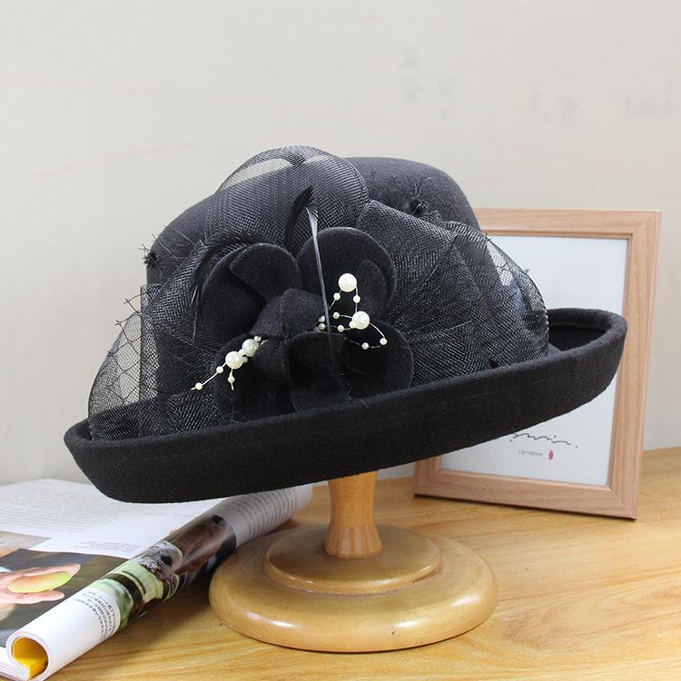 Autumn and winter hat women's British retro woolen top hat fashion mesh flower felt hat dome crimped basin hat