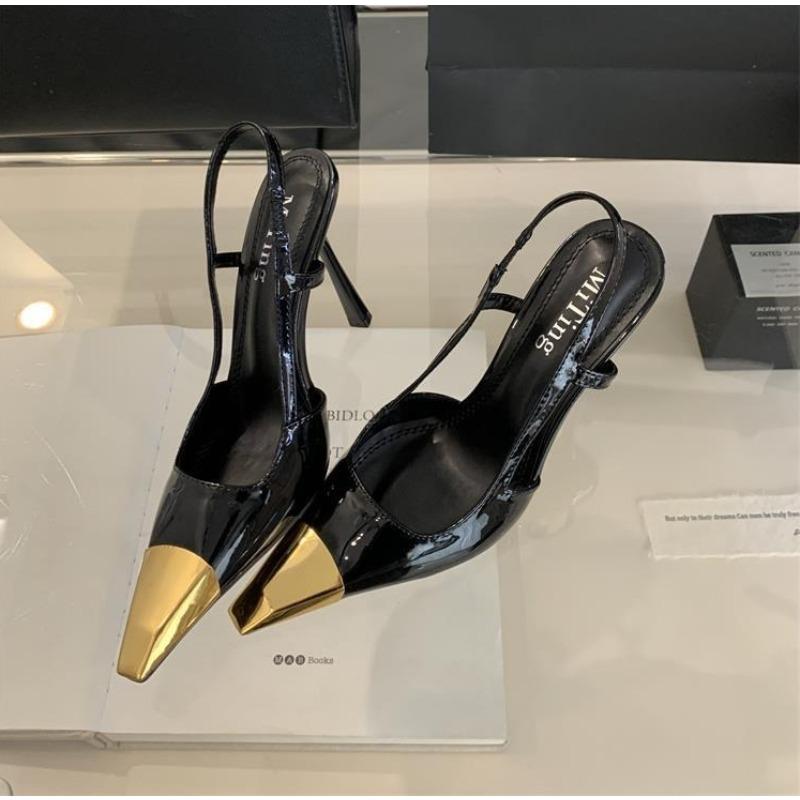 

Дизайнерские туфли-лодочки на ремешке сзади Женские Сексуальные с комбинированным носком-пуантом Элегантные на тонком низком каблуке Мюли Вечерние туфли для платья Сандалии 40