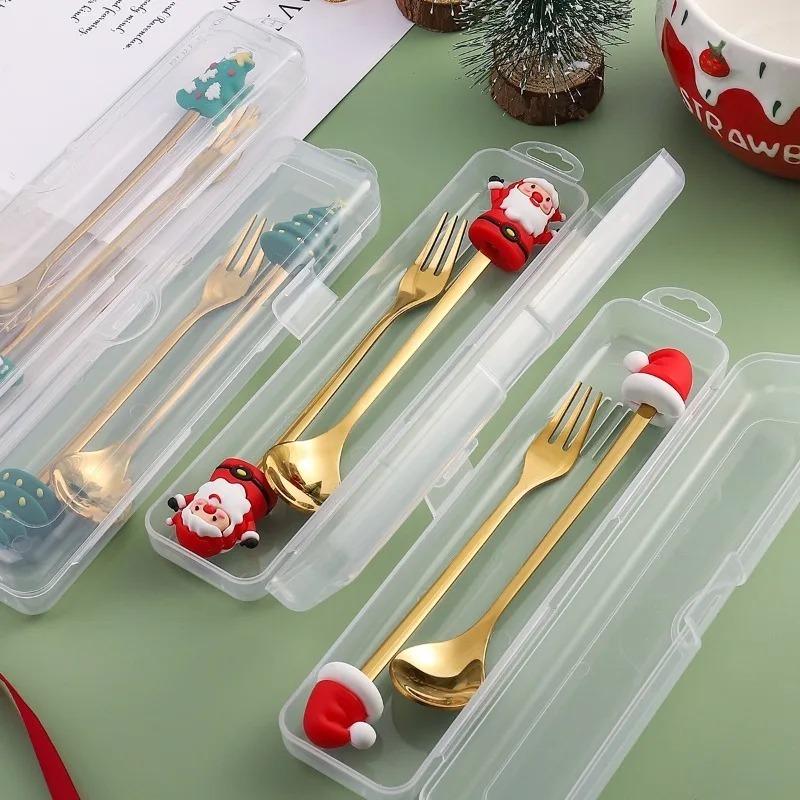 Christmas StainlessSteel CutlerySet Rust-Resistant Spoon Fork Decorated with Santa Reindeer Perfect for Holiday Parties Home Use
