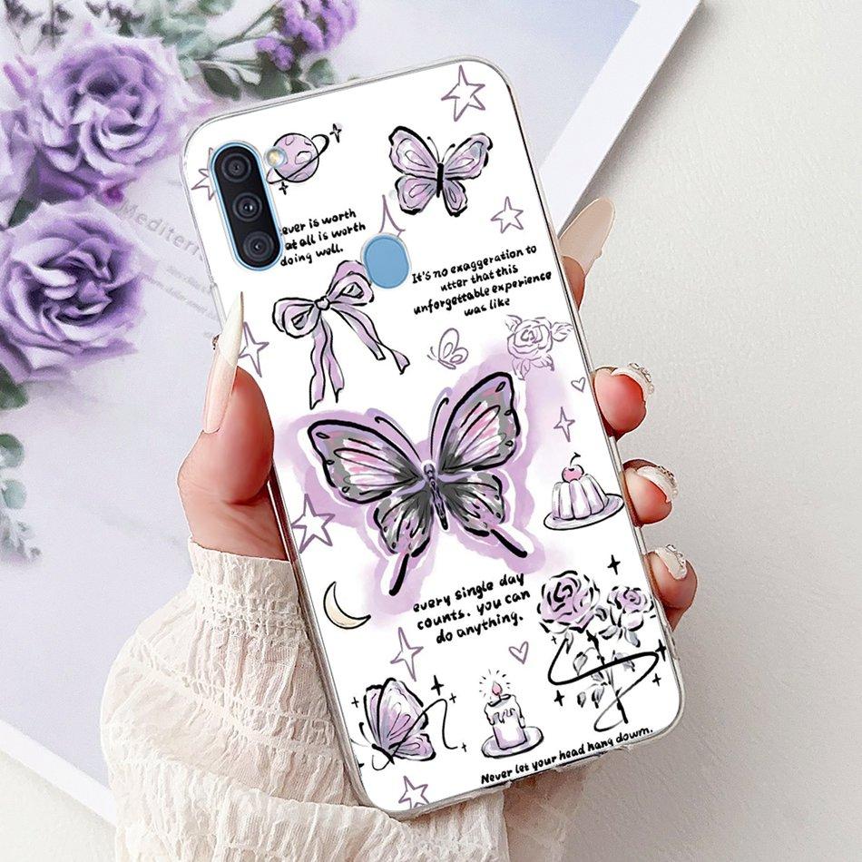 For Samsung Galaxy A11 M11 Phone Case Samsung A11 M11 A115F M115F Elegant Floral Cat Painted Soft Silicone Transparent TPU Cases