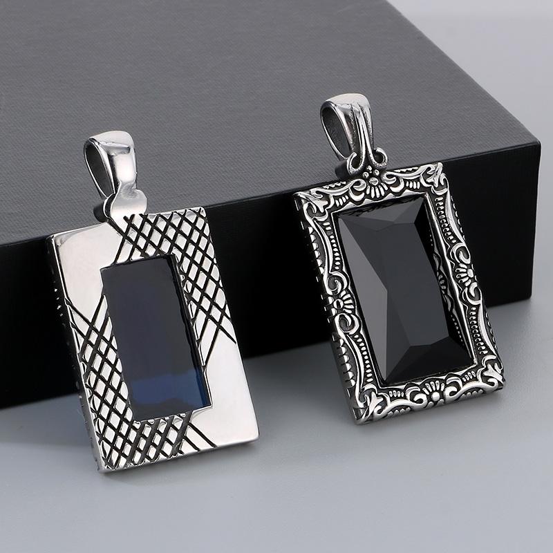 Hip Hop Personalized Black Gemstone Rectangle Pendant Necklace for Men Vintage Stainless Steel Charm Pendant Gift Trendy Jewelry