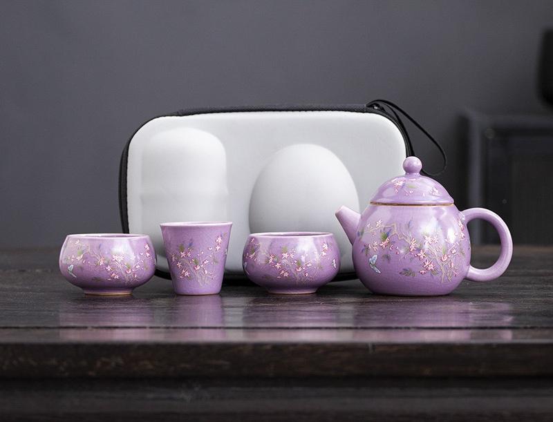 Purple Ru Kiln Ceramic Travel Tea Set One Pot Two Cups Portable Kuaike Cup Outdoor Tea Breaker Teacup