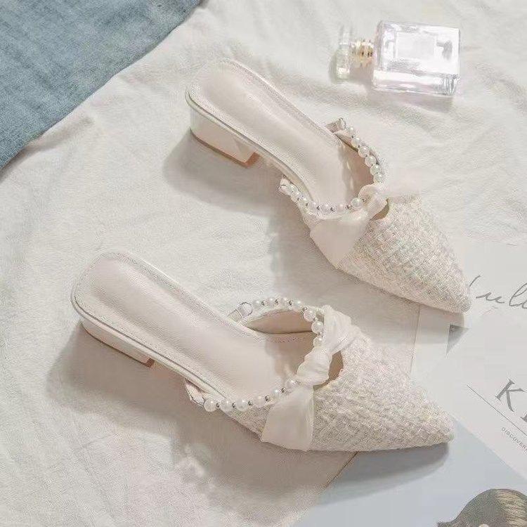 Pointed Fairy Wind Pearl Bag Head Half Slippers Spring and Summer New Outer Wear Thick Heel Middle Heel with Skirt Sandals