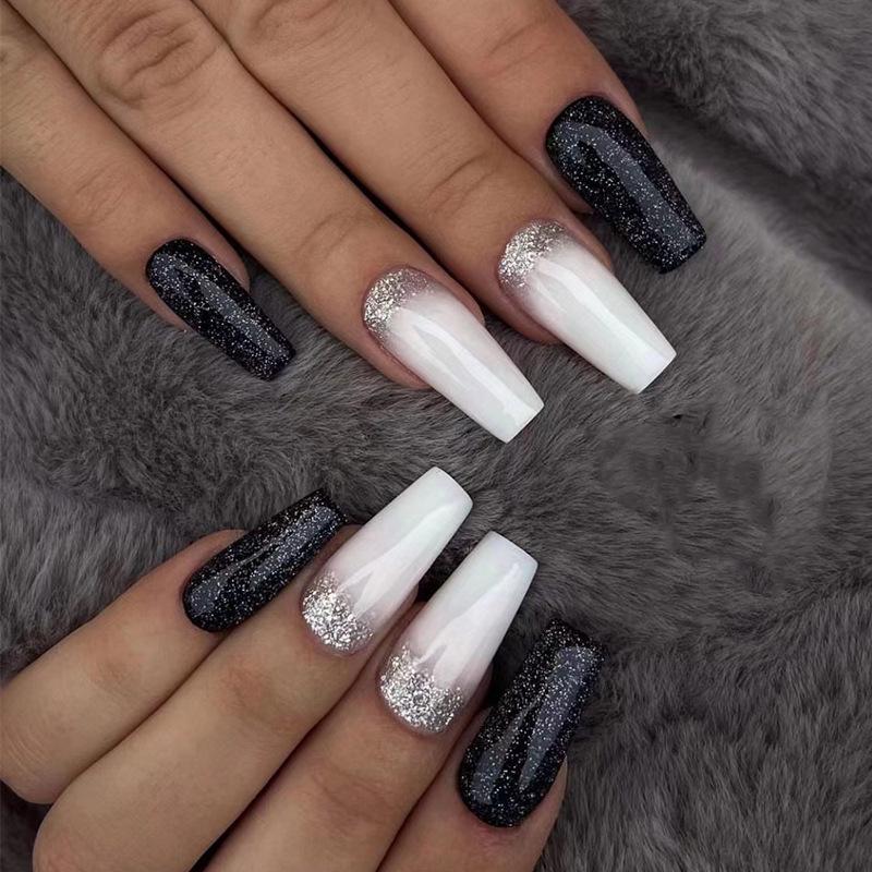 

Medium-Long Black & White Glitter Wearable Nails - Shiny, Removable Nail Tips