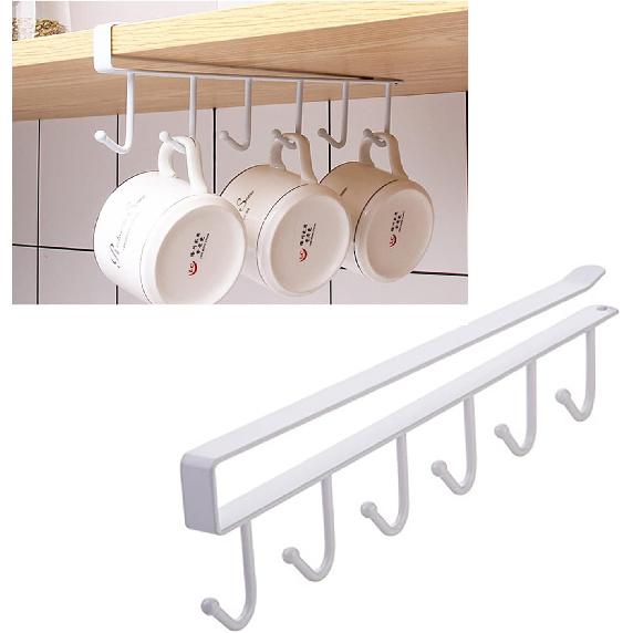 1 Pack Hanging Hooks Rack Under Cupboard Cabinet Cup Holder 6 Hooks Drilling Free Coffee Mug Holder Kitchen Utensil Storage Organizer Hook Rack
