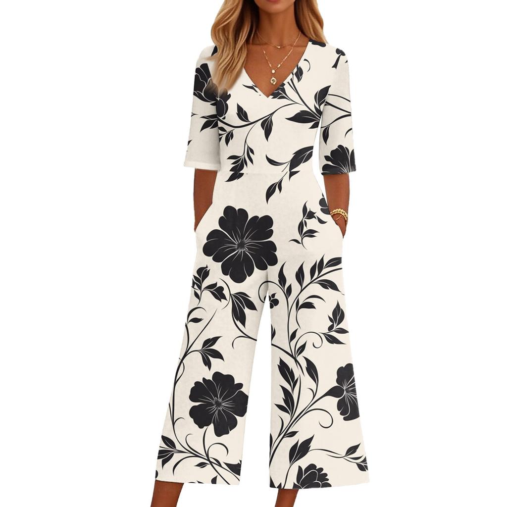 Women's Loose Casual V-Neck Printed Jumpsuit Slim Fit Wide Leg Jumpsuit Wide Leg Jumpsuit