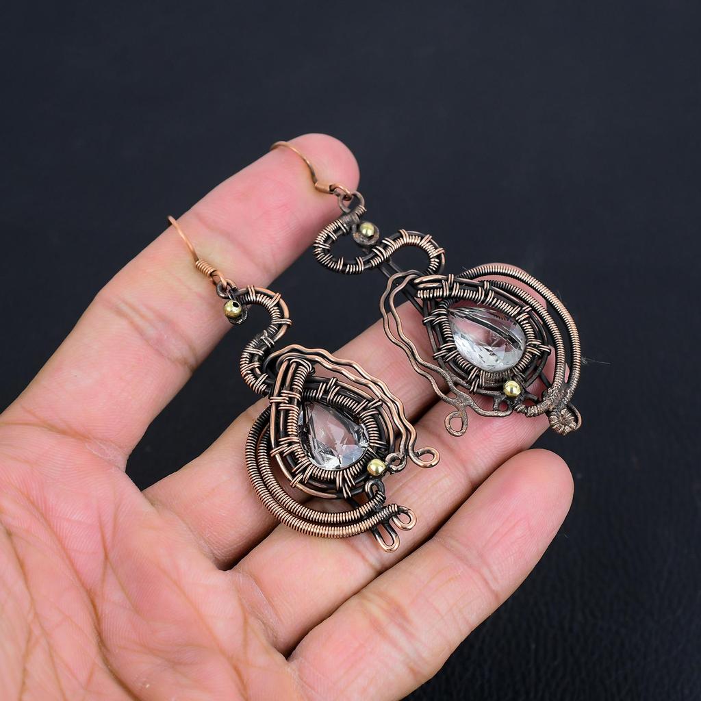 White Topaz 999 Copper Wire Wrapped Earrings, Handmade Gemstone Jewelry Earrings For Memorial Day