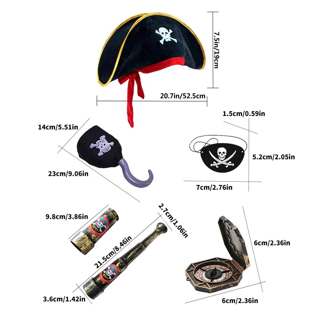 Piratfest Kostymset med Teleskop Kompass Dödskallemönstrad Hatt Karta för Barn Cosplay Smycken Halloween Tema Tillbehör