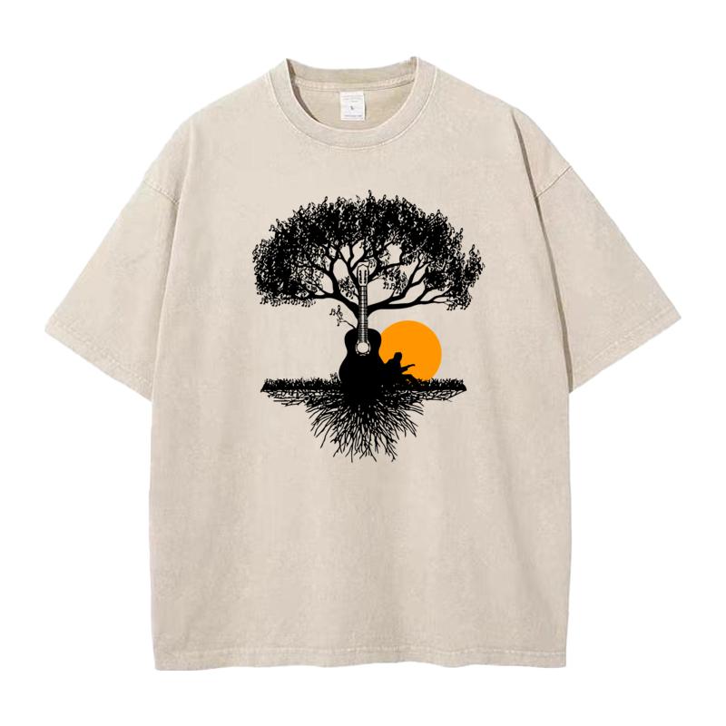 Music Guitar Tops Tees Hip Hop O Neck Leisure Short Sleeve All Cotton Mans Washed T Shirt Printed Washed Tshirts