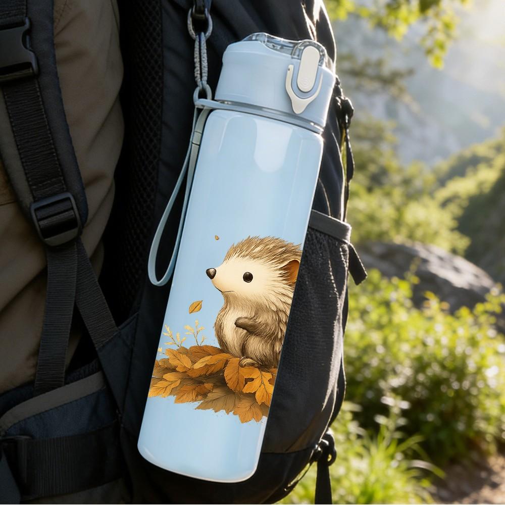 1PC Autumn Hedgehog Leaves Print 750ml Color Plastic Sports Water Bottle Leakproof Flip Straw Lid Suitable for Sports Office Home Use